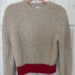 ZARA CHINKY WOOL BLEND FUZZY CABLE KNIT CREW NECK SWEATER OFF WHITE & RED SZ S